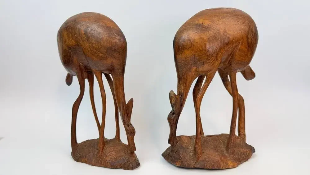 Vintage Hand Carved Antelope Pair Wood Sculpture Kenya African Art